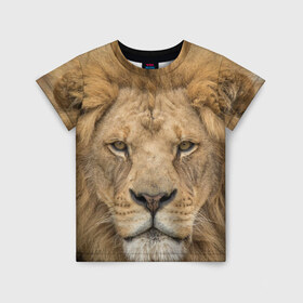 Детская футболка 3D с принтом Лев в Курске, 100% гипоаллергенный полиэфир | прямой крой, круглый вырез горловины, длина до линии бедер, чуть спущенное плечо, ткань немного тянется | грива | джунгли | животные | зверь | король | кровь | лев | охотник | хищник | царь