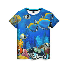 Женская футболка 3D с принтом Экзотические рыбки в Курске, 100% полиэфир ( синтетическое хлопкоподобное полотно) | прямой крой, круглый вырез горловины, длина до линии бедер | животые | красочные | морские | рыбки | цветные | экзотические