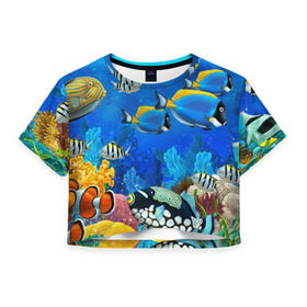 Женская футболка 3D укороченная с принтом Экзотические рыбки в Курске, 100% полиэстер | круглая горловина, длина футболки до линии талии, рукава с отворотами | животые | красочные | морские | рыбки | цветные | экзотические