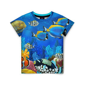 Детская футболка 3D с принтом Экзотические рыбки в Курске, 100% гипоаллергенный полиэфир | прямой крой, круглый вырез горловины, длина до линии бедер, чуть спущенное плечо, ткань немного тянется | животые | красочные | морские | рыбки | цветные | экзотические