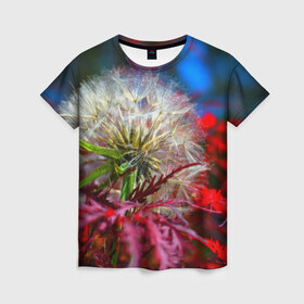Женская футболка 3D с принтом Одуванчик в Курске, 100% полиэфир ( синтетическое хлопкоподобное полотно) | прямой крой, круглый вырез горловины, длина до линии бедер | 3д | новая | одуванчик | популярная | природа | цветы | яркая