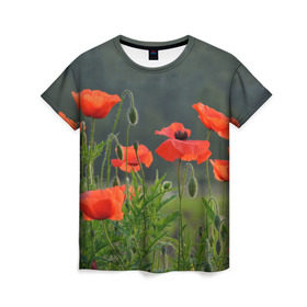 Женская футболка 3D с принтом Маки 6 в Курске, 100% полиэфир ( синтетическое хлопкоподобное полотно) | прямой крой, круглый вырез горловины, длина до линии бедер | маки | футболка с маками | цветы