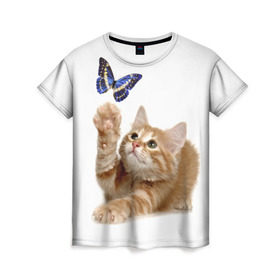 Женская футболка 3D с принтом Котенок и бабочка 2 в Курске, 100% полиэфир ( синтетическое хлопкоподобное полотно) | прямой крой, круглый вырез горловины, длина до линии бедер | бабочка | кот | котенок | кошка | мордочка