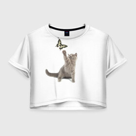 Женская футболка 3D укороченная с принтом Котенок и бабочка 3 в Курске, 100% полиэстер | круглая горловина, длина футболки до линии талии, рукава с отворотами | кот | кошка