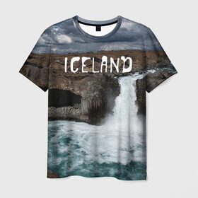 Мужская футболка 3D с принтом Исландия. Водопад в Курске, 100% полиэфир | прямой крой, круглый вырез горловины, длина до линии бедер | Тематика изображения на принте: исландия