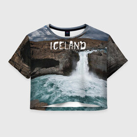 Женская футболка 3D укороченная с принтом Исландия. Водопад в Курске, 100% полиэстер | круглая горловина, длина футболки до линии талии, рукава с отворотами | исландия