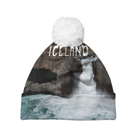 Шапка 3D c помпоном с принтом Исландия. Водопад в Курске, 100% полиэстер | универсальный размер, печать по всей поверхности изделия | Тематика изображения на принте: исландия
