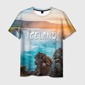 Мужская футболка 3D с принтом Исландия. Водопад в Курске, 100% полиэфир | прямой крой, круглый вырез горловины, длина до линии бедер | Тематика изображения на принте: исландия