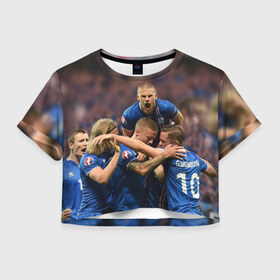 Женская футболка 3D укороченная с принтом Сборная Исландии по футболу в Курске, 100% полиэстер | круглая горловина, длина футболки до линии талии, рукава с отворотами | euro 2016