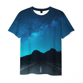 Мужская футболка 3D с принтом Дорога под чистым небом в Курске, 100% полиэфир | прямой крой, круглый вырез горловины, длина до линии бедер | osfenemy | горы | дорога | звезды | космос | красиво | небо | пейзаж | путь | черный | чудо