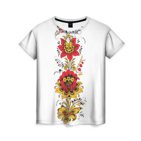 Женская футболка 3D с принтом Хохлома 2 в Курске, 100% полиэфир ( синтетическое хлопкоподобное полотно) | прямой крой, круглый вырез горловины, длина до линии бедер | ветки | лента | лист | народное | россия | русское | узор