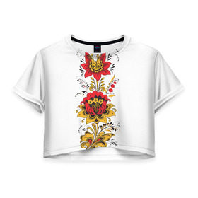 Женская футболка 3D укороченная с принтом Хохлома 2 в Курске, 100% полиэстер | круглая горловина, длина футболки до линии талии, рукава с отворотами | ветки | лента | лист | народное | россия | русское | узор