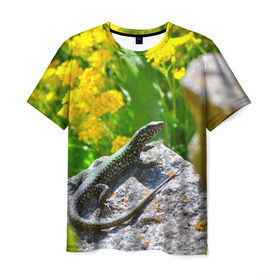 Мужская футболка 3D с принтом Ящерица в Курске, 100% полиэфир | прямой крой, круглый вырез горловины, длина до линии бедер | зеленая | поле | природа | ящерица
