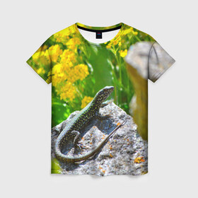 Женская футболка 3D с принтом Ящерица в Курске, 100% полиэфир ( синтетическое хлопкоподобное полотно) | прямой крой, круглый вырез горловины, длина до линии бедер | зеленая | поле | природа | ящерица