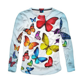 Женский лонгслив 3D с принтом Butterflies в Курске, 100% полиэстер | длинные рукава, круглый вырез горловины, полуприлегающий силуэт | бабочки | белый | картинка | лето | природа | рисунок | розовый | цвета