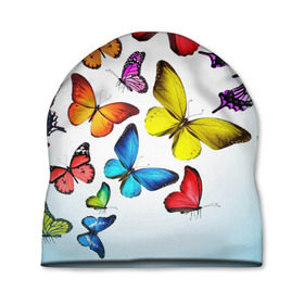 Шапка 3D с принтом Butterflies в Курске, 100% полиэстер | универсальный размер, печать по всей поверхности изделия | бабочки | белый | картинка | лето | природа | рисунок | розовый | цвета