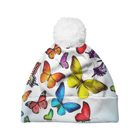 Шапка 3D c помпоном с принтом Butterflies в Курске, 100% полиэстер | универсальный размер, печать по всей поверхности изделия | бабочки | белый | картинка | лето | природа | рисунок | розовый | цвета