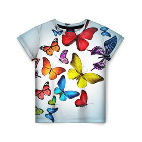 Детская футболка 3D с принтом Butterflies в Курске, 100% гипоаллергенный полиэфир | прямой крой, круглый вырез горловины, длина до линии бедер, чуть спущенное плечо, ткань немного тянется | бабочки | белый | картинка | лето | природа | рисунок | розовый | цвета