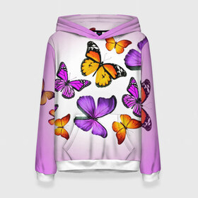 Женская толстовка 3D с принтом Butterflies в Курске, 100% полиэстер  | двухслойный капюшон со шнурком для регулировки, мягкие манжеты на рукавах и по низу толстовки, спереди карман-кенгуру с мягким внутренним слоем. | бабочки | белый | картинка | лето | природа | рисунок | розовый | цвета