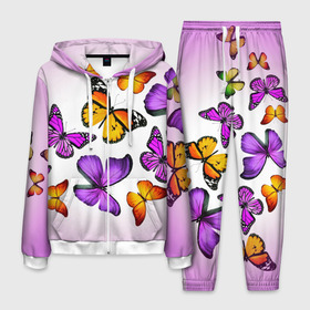 Мужской костюм 3D с принтом Butterflies в Курске, 100% полиэстер | Манжеты и пояс оформлены тканевой резинкой, двухслойный капюшон со шнурком для регулировки, карманы спереди | бабочки | белый | картинка | лето | природа | рисунок | розовый | цвета