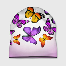 Шапка 3D с принтом Butterflies в Курске, 100% полиэстер | универсальный размер, печать по всей поверхности изделия | бабочки | белый | картинка | лето | природа | рисунок | розовый | цвета