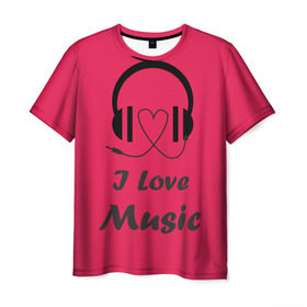 Мужская футболка 3D с принтом Я люблю музыку в Курске, 100% полиэфир | прямой крой, круглый вырез горловины, длина до линии бедер | i love music | наушники | розовый | сердце