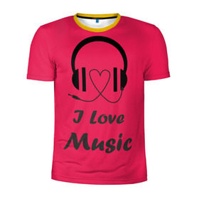Мужская футболка 3D спортивная с принтом Я люблю музыку в Курске, 100% полиэстер с улучшенными характеристиками | приталенный силуэт, круглая горловина, широкие плечи, сужается к линии бедра | i love music | наушники | розовый | сердце