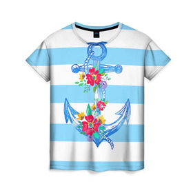 Женская футболка 3D с принтом Якорь в Курске, 100% полиэфир ( синтетическое хлопкоподобное полотно) | прямой крой, круглый вырез горловины, длина до линии бедер | белый | верёвка | вода | корабль | красный | море | песок | пляж | синий | цвет | цветы | якорь