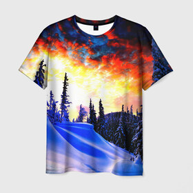 Мужская футболка 3D с принтом Зимний лес в Курске, 100% полиэфир | прямой крой, круглый вырез горловины, длина до линии бедер | вечер | закат | зима | лес | снег