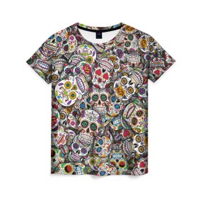 Женская футболка 3D с принтом Мексиканские черепа в Курске, 100% полиэфир ( синтетическое хлопкоподобное полотно) | прямой крой, круглый вырез горловины, длина до линии бедер | Тематика изображения на принте: calavera | sugar skull | день мертвых | мексика | традиция | узоры | цветы