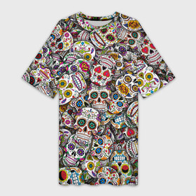 Платье-футболка 3D с принтом Мексиканские черепа в Курске,  |  | calavera | sugar skull | день мертвых | мексика | традиция | узоры | цветы