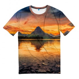 Мужская футболка 3D с принтом Гора в Курске, 100% полиэфир | прямой крой, круглый вырез горловины, длина до линии бедер | лес | небо | озеро | отражение | пейзаж | природа | солнце