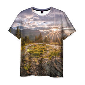 Мужская футболка 3D с принтом Восход в Курске, 100% полиэфир | прямой крой, круглый вырез горловины, длина до линии бедер | горы | лес | небо | пейзаж | природа | солнце
