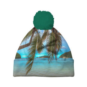Шапка 3D c помпоном с принтом Пальма в Курске, 100% полиэстер | универсальный размер, печать по всей поверхности изделия | море | отдых | отпуск | пальмы | пляж | солнце | туризм