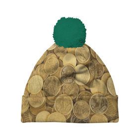 Шапка 3D c помпоном с принтом монетки в Курске, 100% полиэстер | универсальный размер, печать по всей поверхности изделия | деньги | евро | копейки | мелочёвка | мелочь | монеты