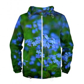 Мужская ветровка 3D с принтом синие цветочки в Курске, 100% полиэстер | подол и капюшон оформлены резинкой с фиксаторами, два кармана без застежек по бокам, один потайной карман на груди | 
