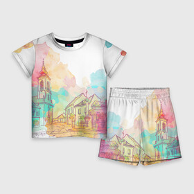 Детский костюм с шортами 3D с принтом акварельный город в Курске,  |  | sity | акварель | венеция | вода | город | графика | европа | живопись | лето | лодки | мост | принт | свет