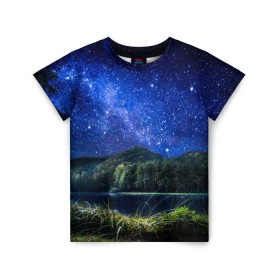 Детская футболка 3D с принтом Ночная природа в Курске, 100% гипоаллергенный полиэфир | прямой крой, круглый вырез горловины, длина до линии бедер, чуть спущенное плечо, ткань немного тянется | горы | звезды | небо | озеро | природа