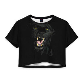 Женская футболка 3D укороченная с принтом Чёрная пантера в Курске, 100% полиэстер | круглая горловина, длина футболки до линии талии, рукава с отворотами | Тематика изображения на принте: кошка | оскал | пантера | прикольные картинки