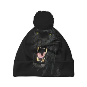 Шапка 3D c помпоном с принтом Чёрная пантера в Курске, 100% полиэстер | универсальный размер, печать по всей поверхности изделия | кошка | оскал | пантера | прикольные картинки