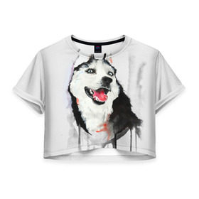 Женская футболка 3D укороченная с принтом Хаски в Курске, 100% полиэстер | круглая горловина, длина футболки до линии талии, рукава с отворотами | голова животного | кутёнок | прикольные картинки | собака | щенок