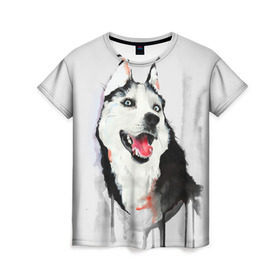 Женская футболка 3D с принтом Хаски в Курске, 100% полиэфир ( синтетическое хлопкоподобное полотно) | прямой крой, круглый вырез горловины, длина до линии бедер | голова животного | кутёнок | прикольные картинки | собака | щенок
