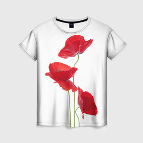 Женская футболка 3D с принтом Маки в Курске, 100% полиэфир ( синтетическое хлопкоподобное полотно) | прямой крой, круглый вырез горловины, длина до линии бедер | Тематика изображения на принте: field | flowers | poppies | poppy | red | wild | красные | мак | маки | поле | полевые | цветы