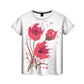 Женская футболка 3D с принтом Маки в Курске, 100% полиэфир ( синтетическое хлопкоподобное полотно) | прямой крой, круглый вырез горловины, длина до линии бедер | art | drawing | flowers | poppies | poppy | red | wild | wind | арт | ветер | красные | мак | маки | полевые | рисунок | цветы