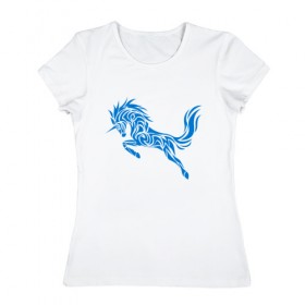 Женская футболка хлопок с принтом Blue unicorn в Курске, 100% хлопок | прямой крой, круглый вырез горловины, длина до линии бедер, слегка спущенное плечо | вектор | грива | единорог | животное | конь | прыгающий | рог | синий | скачущий | существо | тату