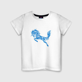 Детская футболка хлопок с принтом Blue unicorn в Курске, 100% хлопок | круглый вырез горловины, полуприлегающий силуэт, длина до линии бедер | Тематика изображения на принте: вектор | грива | единорог | животное | конь | прыгающий | рог | синий | скачущий | существо | тату