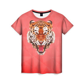 Женская футболка 3D с принтом Полигональный Тигр в Курске, 100% полиэфир ( синтетическое хлопкоподобное полотно) | прямой крой, круглый вырез горловины, длина до линии бедер | красный | полигоны | тигр