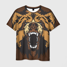 Мужская футболка 3D с принтом Медведь в Курске, 100% полиэфир | прямой крой, круглый вырез горловины, длина до линии бедер | animal | bear | beast | brown | face | fangs | head | taiga | teeth | wild | бурый | голова | дикий | животное | зверь | клыки | медведь | оскал | тайга