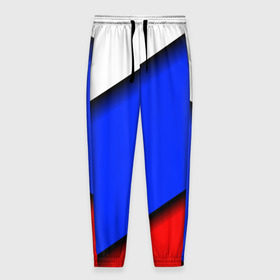 Мужские брюки 3D с принтом Российский флаг в Курске, 100% полиэстер | манжеты по низу, эластичный пояс регулируется шнурком, по бокам два кармана без застежек, внутренняя часть кармана из мелкой сетки | косой | наклонный | триколор