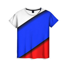Женская футболка 3D с принтом Российский флаг в Курске, 100% полиэфир ( синтетическое хлопкоподобное полотно) | прямой крой, круглый вырез горловины, длина до линии бедер | косой | наклонный | триколор